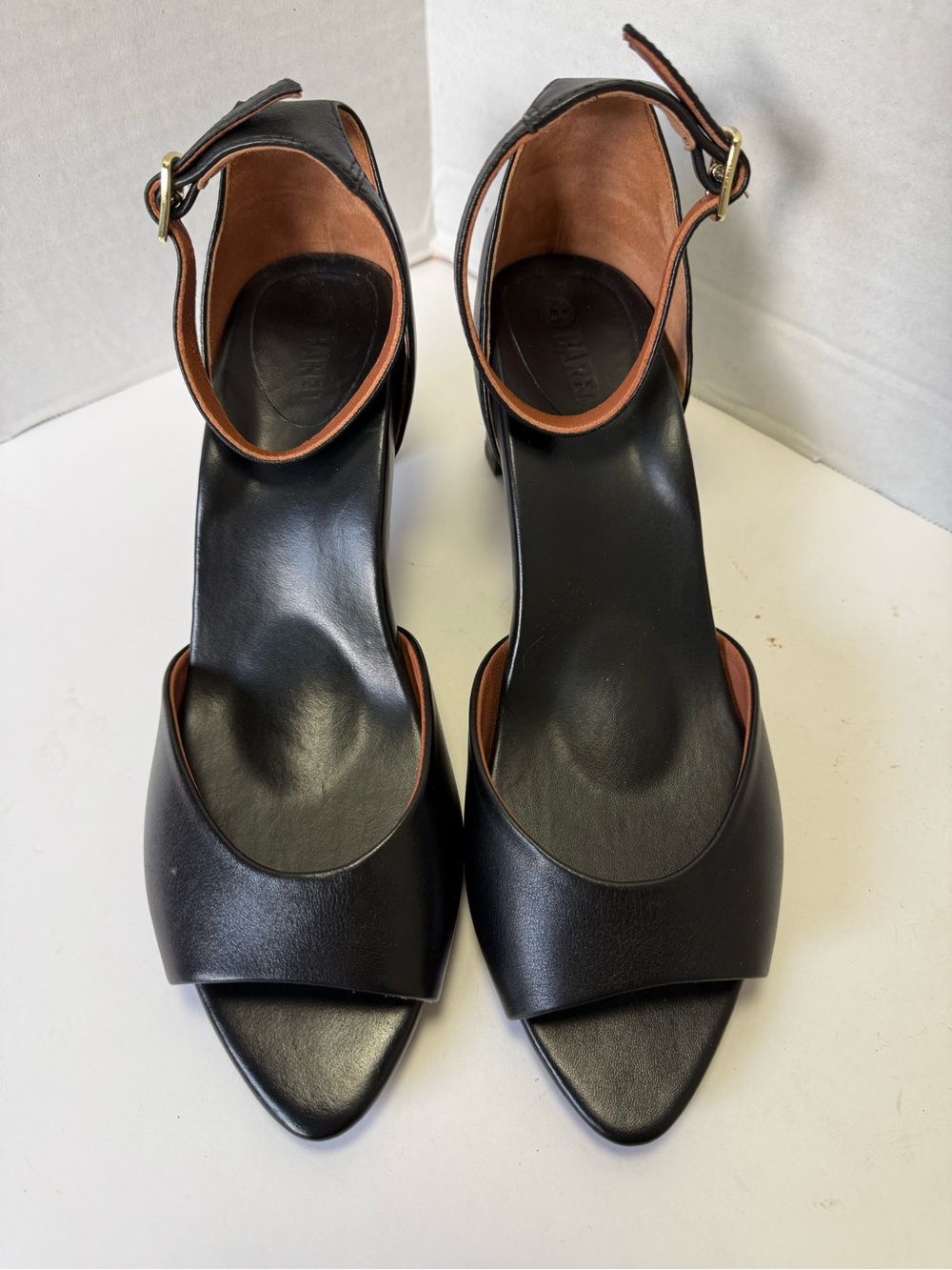 Women's Black leather Ankle-Strap Open-Toe Heels BaredxPliant